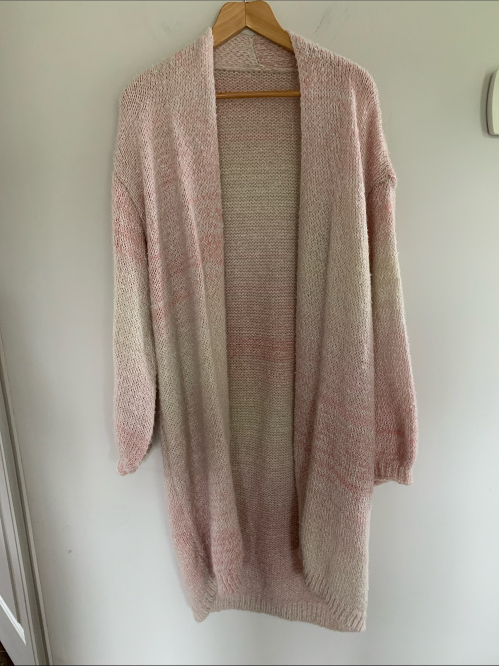 Cozy Open-Front Long Cardigan Sweater in Light Pink and Cream